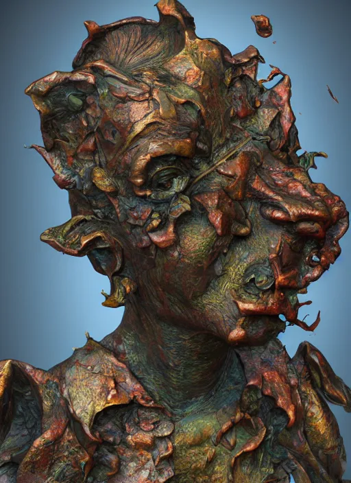 Prompt: An epic fantastic realism comic book style painting of a distressed bronze sculpture from the future by Stanislaw Szukalski, beautiful colorful flowers rain down like gilt marbled paper, fisheye lens, unreal 5, DAZ, hyperrealistic, octane render, dynamic lighting