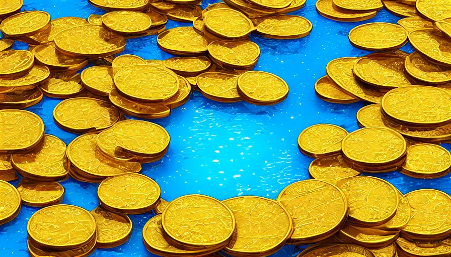 Image similar to a swimming pool full of gold coins, digital art, highly detailed, realistic, bright colors, 8 k