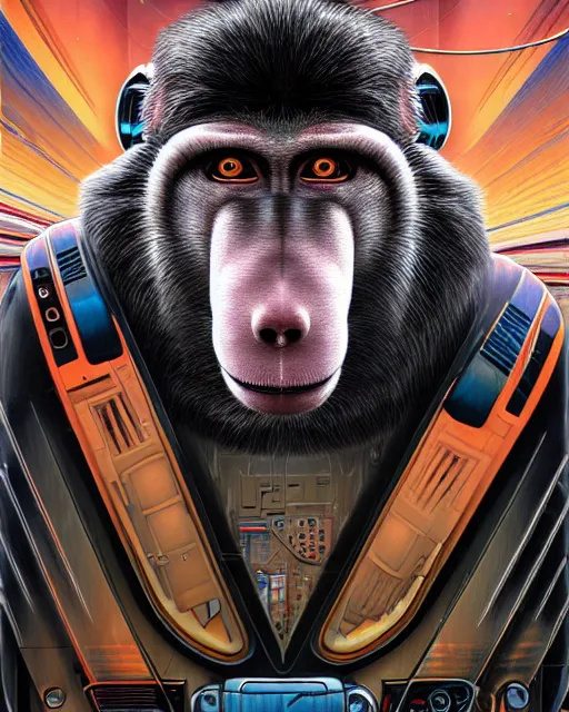 Image similar to a portrait of an anthropomorphic cyberpunk baboon by sandra chevrier, detailed render, tape deck, epic composition, cybernetics, 4 k realistic, cryengine, realistic shaded lighting, sharp focus, masterpiece, by matteo scalera, gary montalbano, peter elson in the style of the tokyo ghost comic