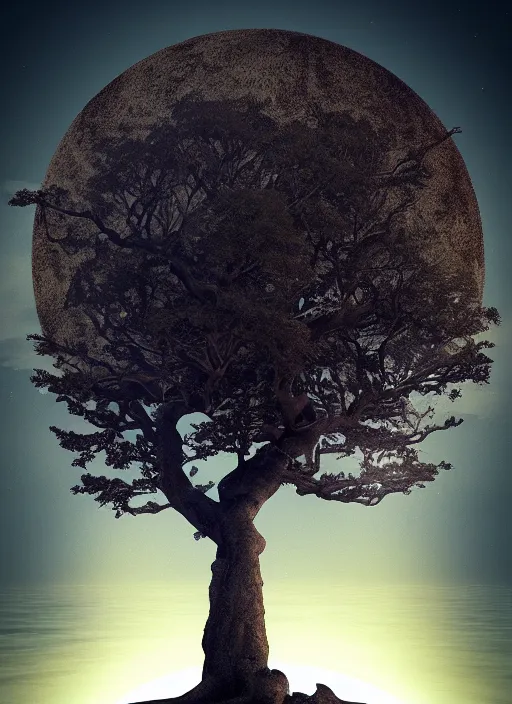 Image similar to a tree from which eyes hang instead of fruits, the tree is on top of a calm sea, in the background there is an eclipse that coincides with the tree. fantasy art, horror, nightmare, photo realistic, dynamic lighting, artstation, poster, volumetric lighting, very detailed faces, 4 k, award winning