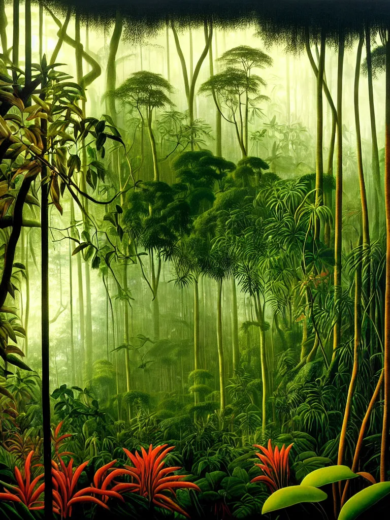 Image similar to A photorealistic painting of the lush interior of a Malaysian jungle, forest canopy covers the morning sunlight, dense exotic tropical flora and fauna gives a foreboding atmosphere where time seems to stand still, creeping vines hangs like bloody entrails, tree roots like severed human limbs as imagined by Martin Johnson Heade, Hiroshi Sugimoto, Henri Rousseau, medium close up shot, wide angle lens, anaglyph filter, cinematic mood lighting, National Geographic photograph, British Pathe archive, cinematography of Apocalypse Now (1977), trending on Art Station.