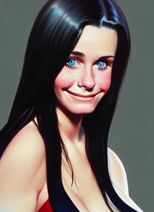 Image similar to portrait of cute 1 8 year old courtney cox as a bit chubby girl, painted by stanley artgerm, sleek curves, sharp focus, trending on artstation hq, deviantart