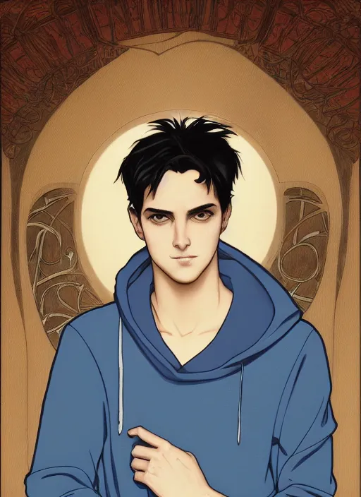 Image similar to well - lit art nouveau portrait of a young man with short black hair, light blue eyes, pale skin, serious expression, jeans and a black hoodie, natural lighting, path traced, highly detailed, high quality, cartoon, digital painting, by don bluth and ross tran and studio ghibli and alphonse mucha