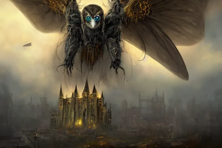 Prompt: a mothman attacks a golden castle tower, digital art, fantasy artwork, extremely detailed, trending on artstation, award - winning, art from the greatest fantasy artists,