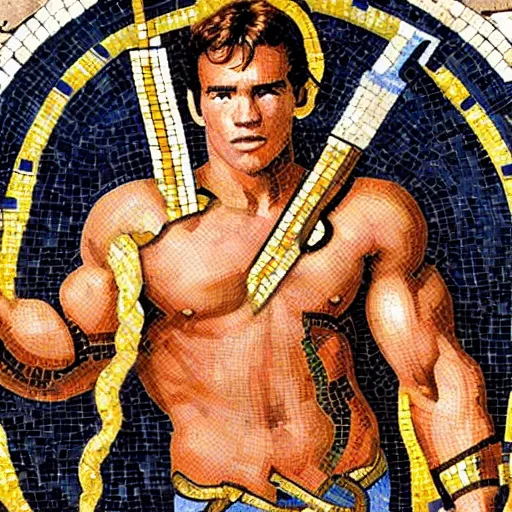 Image similar to ancient greek mosaic of young arnold schwarzenegger holding a big zelda sword