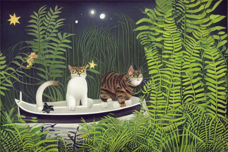 Prompt: cat in a boat, ferns, jungle, night, stars, highly detailed, unreal engine render concept art, trending on artstation, style of henri rousseau and howard arkley