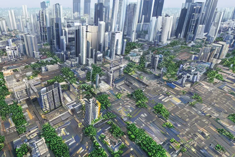 Image similar to 3 d rendering of the city of jakarta rendered with an unreal engine 5, the image is refined with uhd, yellowish light, and also its beauty is like the real world