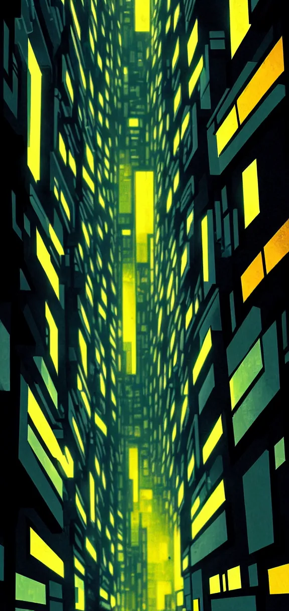 Image similar to post - minimalism, cyberpunk, abstract, slight cubism influence, bladerunner alley, iridescent, comic