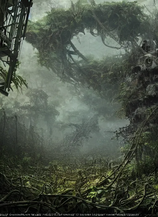 Image similar to decayed aircraft carrier USS Nimitz laying on the ground overgrown with vegetation and hanging vines, post apocalyptic, tropical forest, by Luis Royo, by Greg Rutkowski, extreme low angle shot, dark, gritty, intricate, cover illustration, concept art, volumetric lighting, volumetric atmosphere, sharp focus, octane render, trending on artstation, 8k