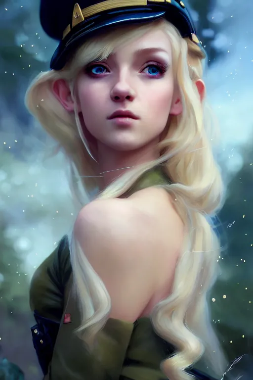 Image similar to cinematic shot of an epic portrait of a cute blonde fairy dressed in military clothes, stylised military clothes, shiny skin, beautiful eyes, beautiful, small details, night setting, realistic poster with volumetric light from craig mallism, artgerm, jeremy lipkin and michael garmash, unreal engine, radiant light, digital art, trends at art station, a masterpiece