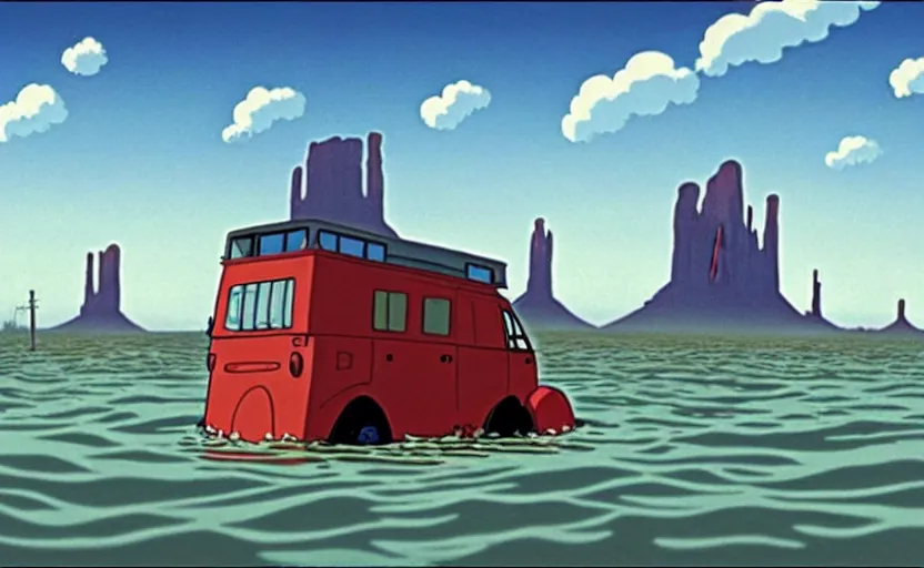 Prompt: hyperrealist cartoon from howl's moving castle ( 2 0 0 4 ) of a grey scientist caravan in a flooded monument valley, wide shot, hq depth of field.