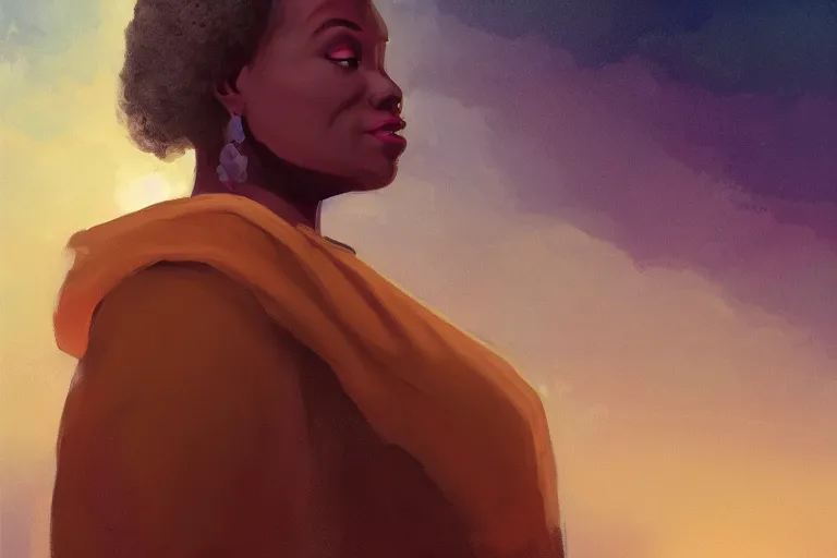 Prompt: a black woman ancestor watching her kids from the sky ( ( ( ( volumetric light ) ) ) ), high angle, part by pearl fryar, part by prince damah, cinematic, poetic, smooth, portrait, trending on artstation, cinematic view, illustration, painting.