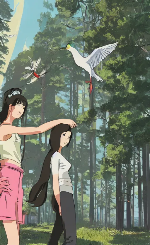 Image similar to gta5, by studio ghibli, pixiv, girl next to a japanese crane bird in japanese pines, trading card front, kimono, realistic anatomy, concept art, sun in the background