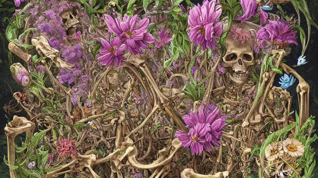 Image similar to highly detailed illustration all the known species of flowers growing from a human skeleton, by juan gatti!!, by gottfried bammes, by george bridgman, by moebius!, by oliver vernon, by joseph moncada, by damon soule, by manabu ikeda, by kyle hotz, by dan mumford, by kilian eng