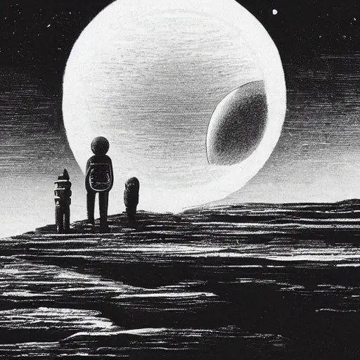 Image similar to Illustration. A beatiful illustration of a planet with two moons in the background. In the foreground, there is a woman wearing a spacesuit and holding a phaser. She is standing on a rocky surface, and there is a ship in the distance. claymation by Max Ernst robust