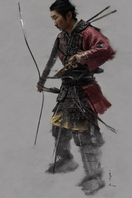 Image similar to Japanese samurai archer, portrait, fierce, intricate, elegant, volumetric lighting, scenery, digital painting, highly detailed, artstation, sharp focus, illustration, concept art, ruan jia, steve mccurry