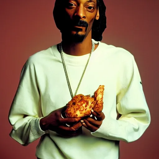 Prompt: Snoop Dogg holding a piece of chicken for a 1990s sitcom tv show, Studio Photograph, portrait, C 12.0