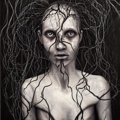 Prompt: award - winning painting of person infested with pitch black, tar - like, shadow roots with lots of tendrils on the skin, black veins, intricate detail, deep black roots, infestation, shadowy, lovecraftian, beksinksi, black and white, chiaroscuro, portrait painting