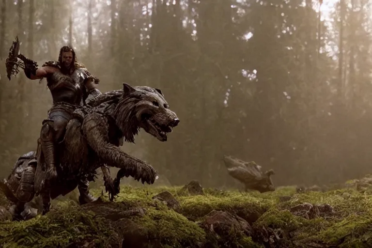 Image similar to vfx movie closeup detailed ancient armored warrior orc hunting riding large wolf in the forest, natural lighting by emmanuel lubezki