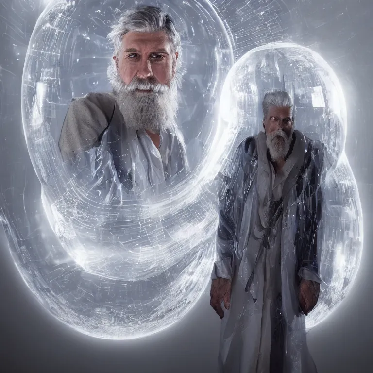 Image similar to high fashion photoshoot octane render portrait by wayne barlow and carlo crivelli and glenn fabry, a distinguished sci - fi futuristic handsome wizard with a long white beard wearing a clear plastic iridescent wizard robes and holding a magical adorable critter while standing inside a glowing ball of plasma energy inside a futuristic fantasy tower, very short depth of field, bokeh