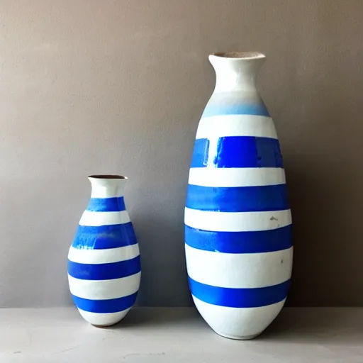 Prompt: ceramic tall vase with round handles and blue strips