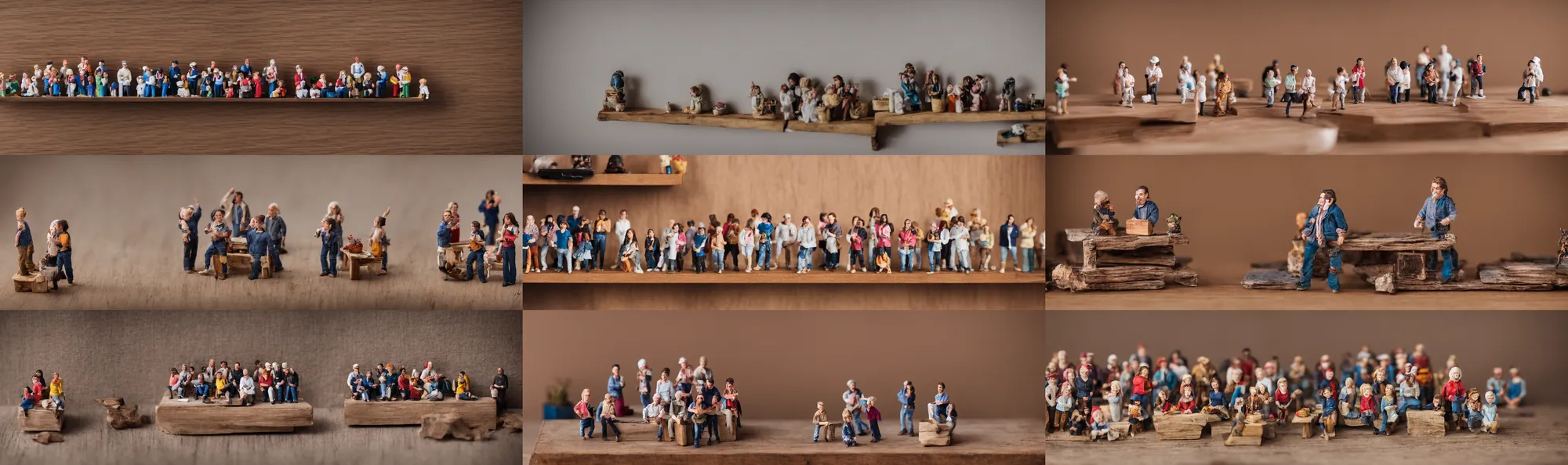 Prompt: photo still of miniature crowd on a wooden shelf, 8 k, studio lighting bright ambient lighting key light, 8 5 mm f 1. 8