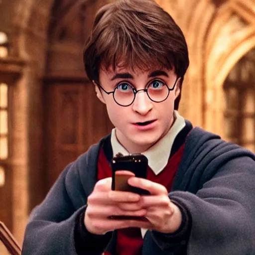 Prompt: movie screenshot of attractive harry potter holding an iphone in hogwarts, human face