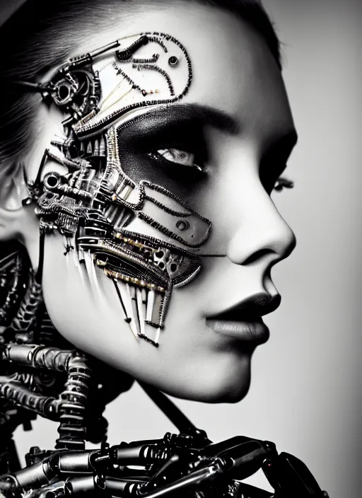 Prompt: a stunning young woman - crow mixed cyborg profile face, face is made intricate tribal bio - mechanical, editorial photography, bw, shot on 7 0 mm, depth of field, f / 2. 8, high contrast, 1 6 k, volumetric lighting, shiny, insanely detailed and intricate, hypermaximalist, elegant, ornate, hyper realistic, super detailed