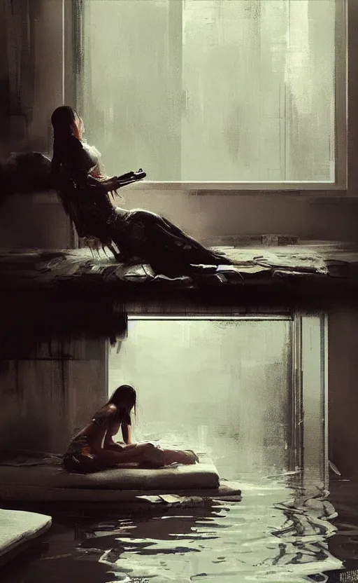 Prompt: “ cinematic composition of a woman sitting in a flooded apartment by zhaoming wu, nick alm, bernie fuchs, hollis dunlap, gregory manchess, james gurney, craig mullins, sparth, octane render ”