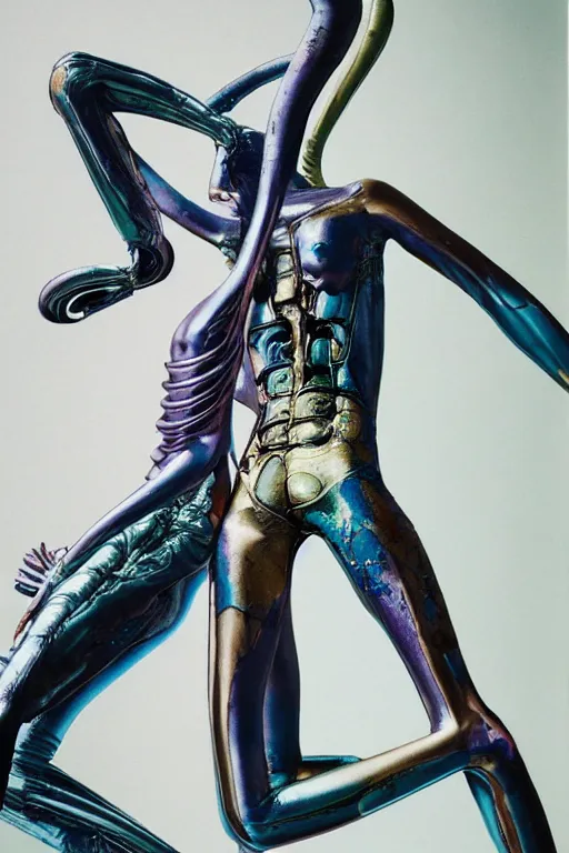 Image similar to instax still frame of Faceless Void from Alien and Prometheus by Guo Jian and Yue Minjun featured in Vogue editorial fashion photography, haute couture dressed by Givenchy and Salvatore Ferragamo painted by Andrea Pozzo, in lush metal and porcelain by