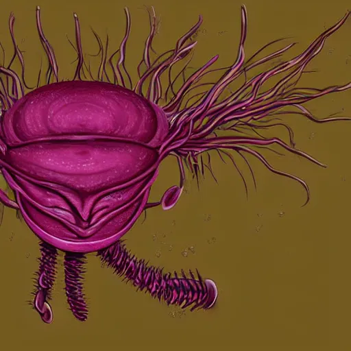 Prompt: An alien creature of uncertain origin, its shapeless pink body bears numerous sets of paired appendages of unknown function, and a pair of ribbed, membranous wings and an odd, vaguely pyramid-shaped head that bristles with numerous wavering antennae, digital art, Lovecraftian, highly detailed, rich and deep colors.
