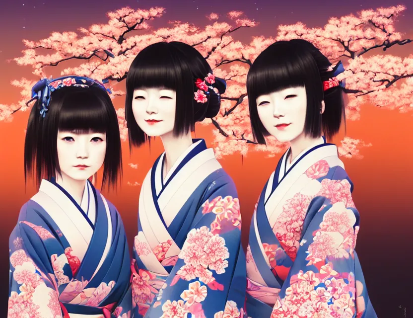 Image similar to two beautiful charming japan girls wear arty kimono in festival | | sunny night, full moon, dreamlike art, realistic shaded, smile, good looking, hyper details, 4 k realistic, cryengine, realistic shaded lighting poster by ilya kuvshinov, fuji choko, ross tran, 8 k resolution, trending on artstation, luxury