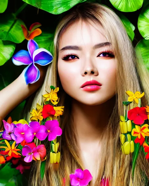 Image similar to an stunning beautiful eastern girl is surrounded by colourful tropical flowers and plants, symmetric face and eyes, upper body face shot, long straight blonde hair, visible face 5 0 mm f 2. 2 by wu daozi