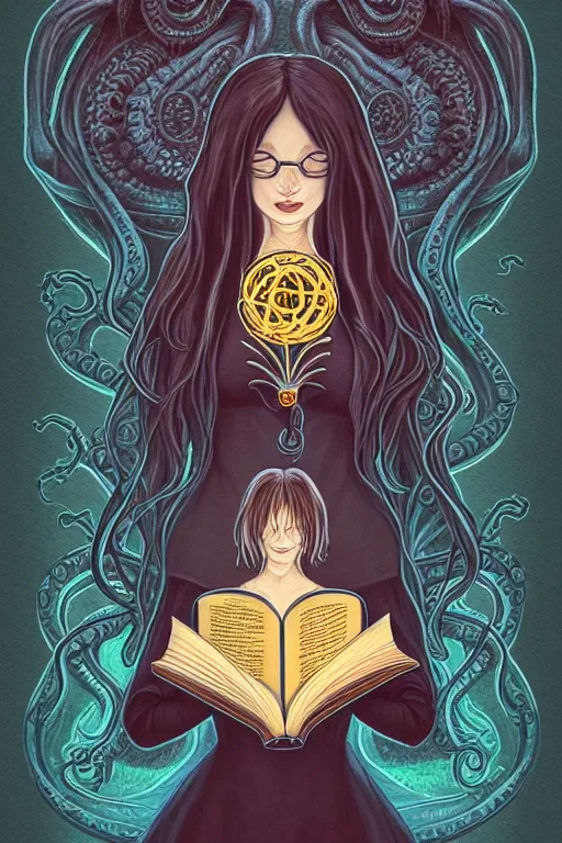 Image similar to ai illustration of romantic girl, her cat and her book of necronomicon, symmetrical, cinematic, sharp focus, 4 k, ultra hd, sense of awe, sinister demonic atmosphere, dreadful, forbidden knowledge, old gods, cthulhu, yog - sothoth! yah, yah, yah! cultist journal cover