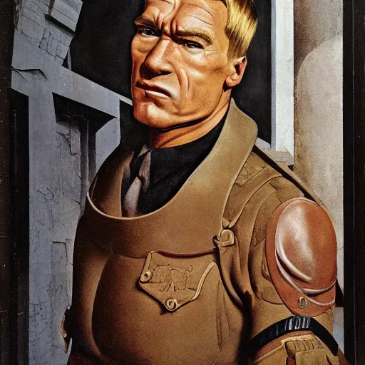 Image similar to portrait of Nazi Arnold Schwarzenegger as a Wolfenstein character, by Angus McBride, Gentile Bellini, Piero della Francesca, and Arthur Rackham. HD face portrait.