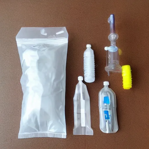 Image similar to musical instrument made out of clear tubing, syringes, urine collection bag, iv pole, fluid bag, nebulizer equipment