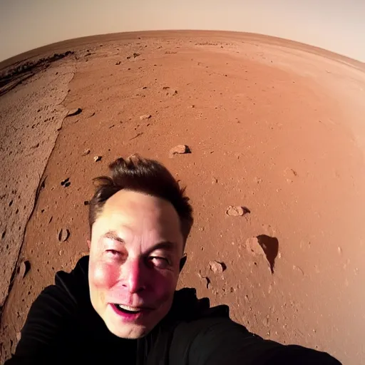 Prompt: Elon Musk taking a selfie on Mars. There is earth and dogecoin in background,