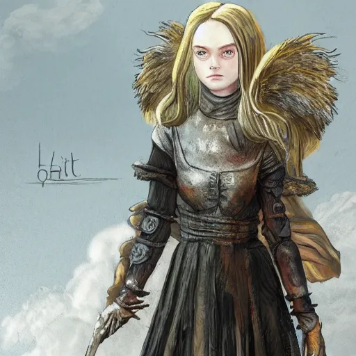 Image similar to Elle Fanning in the painted world of Dark Souls, head and shoulders masterpiece, apocalypse, golden hour, cosmic horror, artstation, in the style of Beatrix Potter, extremely detailed