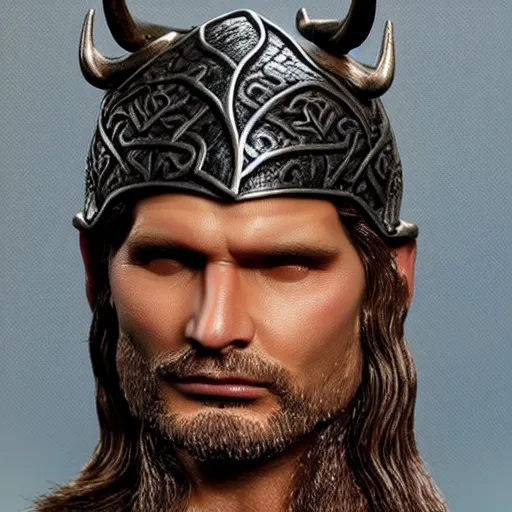 Image similar to of a viking from valhalla, wearing the horned helmet ultra fine detail, hair strands, ultra high resolution, fine texture detail, miniature painting techniques, perfect proportions, marvel cinematic universe, eric bana