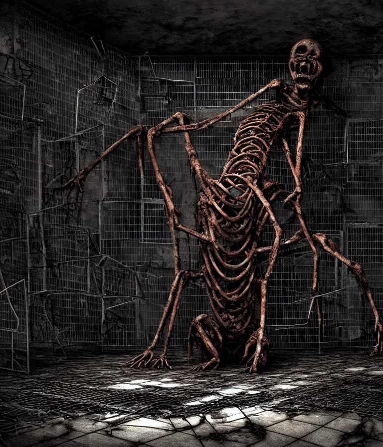 Image similar to Creepy huge suffering humanoid with long limbs sits on the floor. An underground very dark gloomy multi-layered structure of rusty thick iron grates, dense chain-link fencing and peeling walls. Inside view, collapsed floors, bent rusted iron, masterpiece, black background, corners, cinematic, hyperdetailed, photorealistic, hyperrealism, octane render, 8k, depth of field, bokeh, architecture, shadows, art by Zdzisław Beksiński, Dariusz Zawadzki