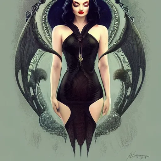 Image similar to ana de armas as morticia addams, masterpiece, intricate, elegant, highly detailed, digital painting, artstation, concept art, smooth, sharp focus, illustration, art by artgerm and greg rutkowski and alphonse mucha and uang guangjian and gil elvgren and sachin teng, symmetry!!