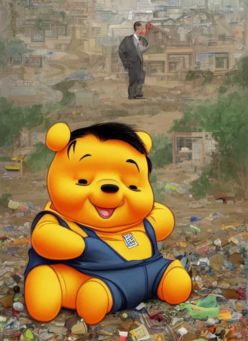 Prompt: portrait of Xi Jinping wearing a Winnie the Pooh onesie in a trashy Chinese dirt poor landfill, hungry, beta weak male, digital painting, concept art, smooth, sharp focus, illustration, from Slumdog Millionaire, by Ruan Jia and Mandy Jurgens and William-Adolphe Bouguereau, Artgerm