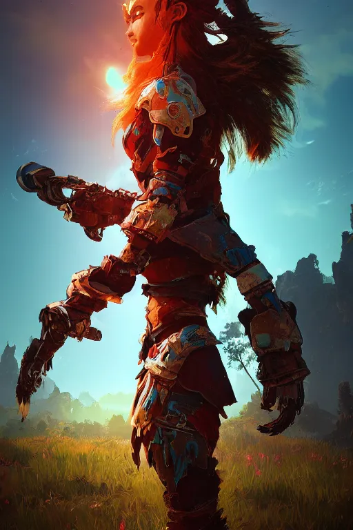 Image similar to combination suit armor aloy horizon forbidden west horizon zero dawn radiating a glowing aura global illumination ray tracing hdr fanart arstation by ian pesty and alena aenami artworks in 4 k tribal robot ninja mask helmet backpack