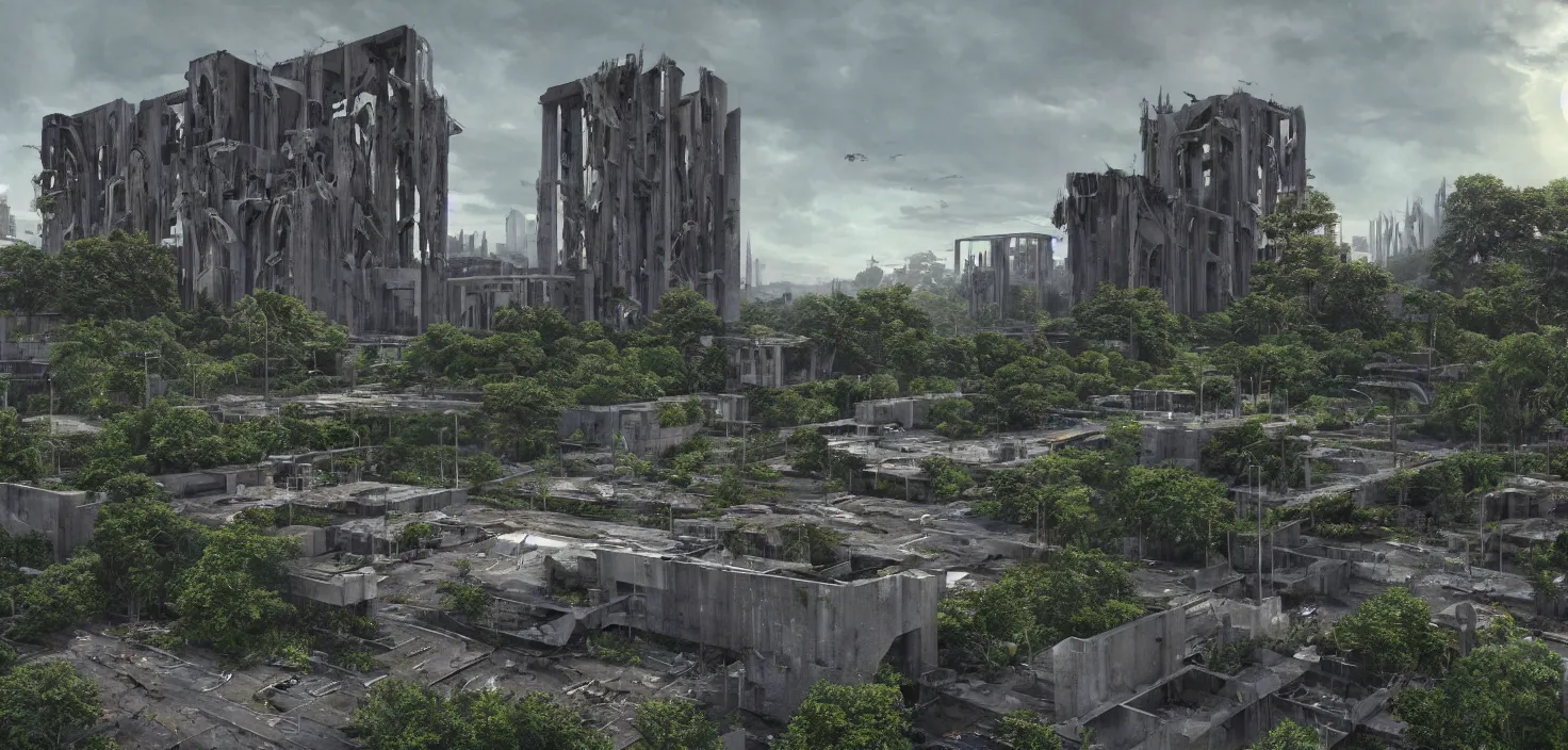 Image similar to an extremely detailed cathedral of brutalist architecture, surrounded by lush green vegetation, stunning volumetric lighting, sunset, rusted metal, concrete, translucent material, stunning skies, scattered rubbish and debris, 8k, photorealistic, hyper detailed, unreal engine 5, IMAX quality, cinematic, epic lighting, digital painting in the style of DOOM and Quake, by Greg Rutkowski, trending on Artstation