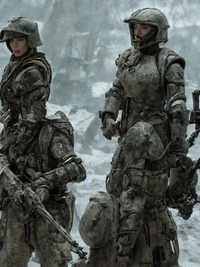 Image similar to emily blunt in power armor, angel of verdun, epic movie scene