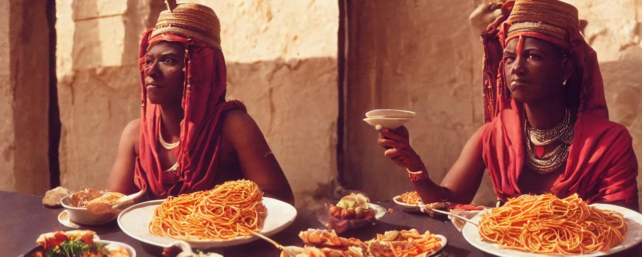 Image similar to queen hatshepsut in the ancient kingdom of punt, enjoying a feast of spaghetti, canon 5 0 mm, kodachrome