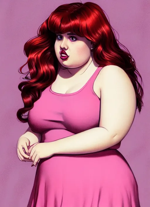 Image similar to full body portrait of teenage cheryl blossom, obese, bangs, green eyes, sultry expression, red hair, sultry smirk, bangs and wavy hair, pink skirt, obese, intricate, elegant, glowing lights, highly detailed, digital painting, artstation, concept art, smooth, sharp focus, illustration, art by wlop, mars ravelo and greg rutkowski