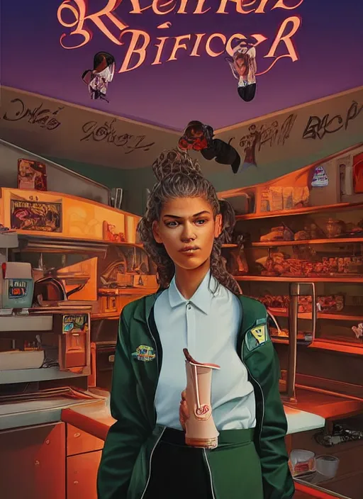 Image similar to poster artwork by Michael Whelan and Tomer Hanuka, Karol Bak of Zendaya a high school student working at the local diner, wearing rr diner uniform, from scene from Twin Peaks, clean