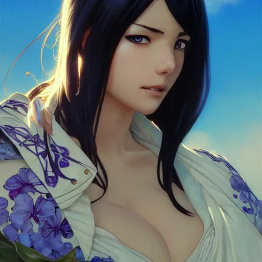 Image similar to highly detailed vfx portrait of nico robin by eiichiro oda, makoto shinkai, alphonse mucha, sharp focus, art by artgerm and greg rutkowski!, backlit, harsh overhead sunlight, blue eyes, stanley kybric, kaoru mori, hyper detailed, smooth pixiv, fanbox,