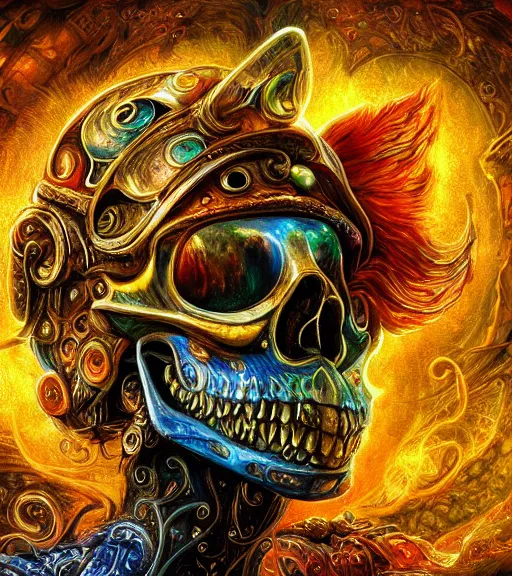 Image similar to portrait of a fantasycore glitchcore deformed animal skull in a helmet. intricate abstract. intricate artwork. celestial. prismatic, by josephine wall, pixar, ghibli. octane render, CGSociety very coherent symmetrical artwork. cinematic, hyper realism, high detail, octane render, 8k, holographic accents